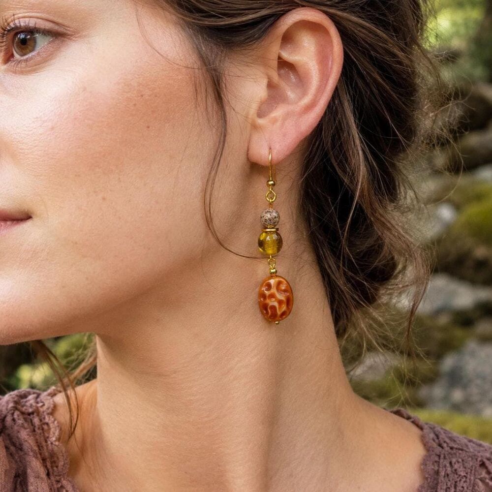 Brown Glass Drop Earrings with Jasper & Olive Green Czech Beads, Gold Dangle